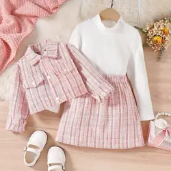 Kids Clothing for Girls 3 Pieces Sets Autumn Winter Sweet Cute Coat Skirt Base Shirt Single Breasted Turn Down Collar Pockets