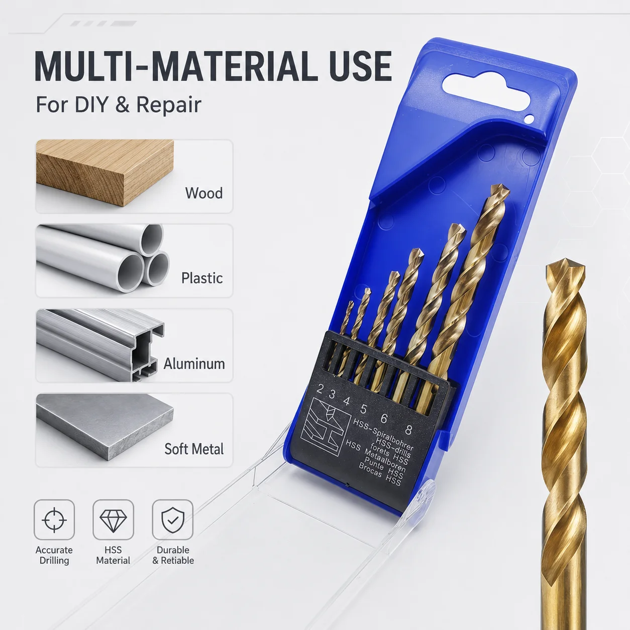 6Pcs HSS Twist Drill Bit Set, 2‑8mm High Speed Steel Drill Bits for Metal, Wood, Plastic, General Drilling Tool Kit