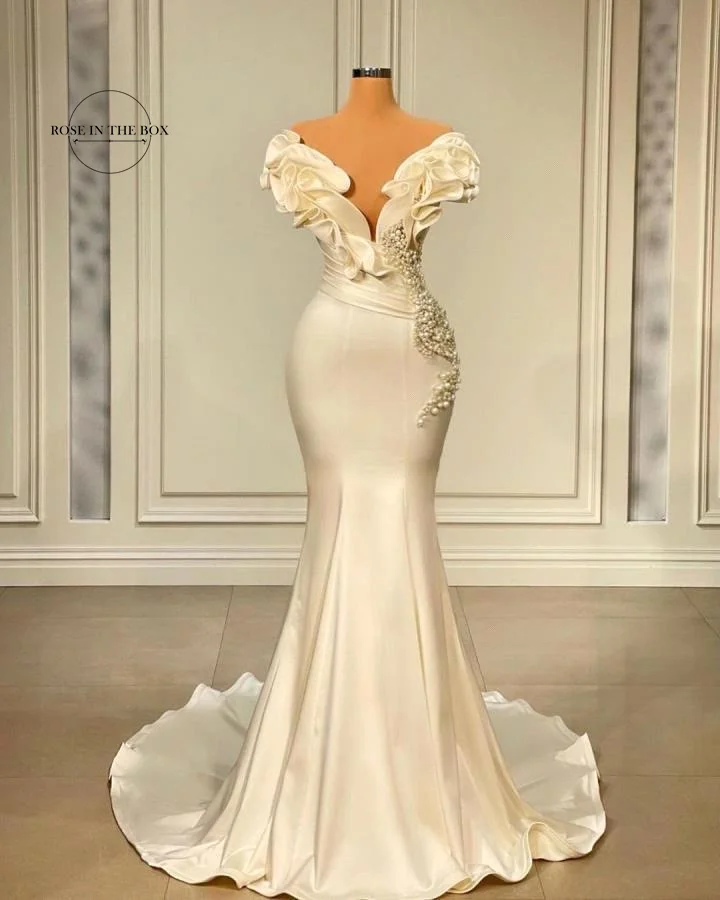 Vestidos De Novia De sirena De diseñador, Vestidos De Novia con cuello en V y cuentas De perlas, Vestidos De Novia elegantes De satén, bata personalizada De Mariée 2024