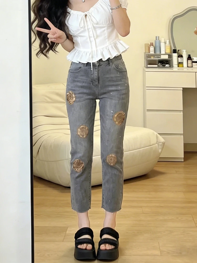 

Summer Slim Fit Skinny Jeans High Waist Embroidered Thin Straight Leg Heavy Du Denim Pants for Women Spring Faion
