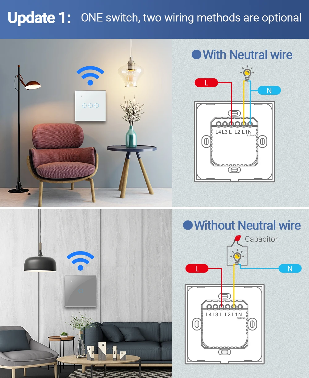 Somgoms WiFi Wall Touch Light Switch RF433 Wireless Remote Control Tuya/Smart Life App Backlight Alexa Google Voice US EU 2/3way