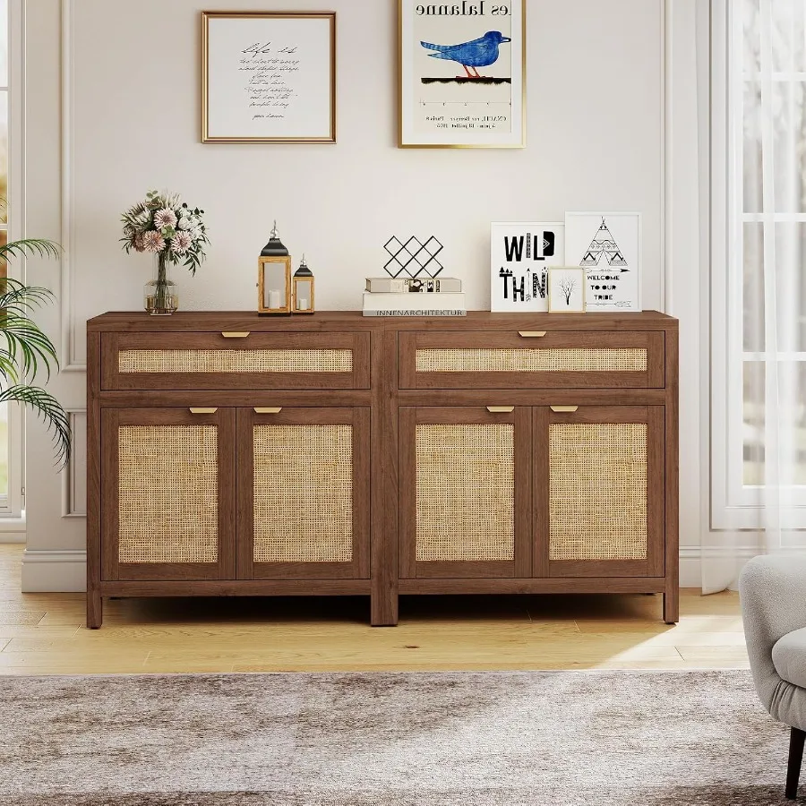 Boho buffet sideboard for kitchen, coffee bar, living room; rattan material; brown + natural color; 2-piece set with storage dr
