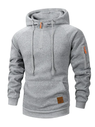 Imagen 2 del producto Sudaderas con capucha informales con media cremallera para hombre, sudaderas con cordón y cuello con capucha, sudadera cálida para correr, ropa de calle de manga larga para exteriores, jersey de lana