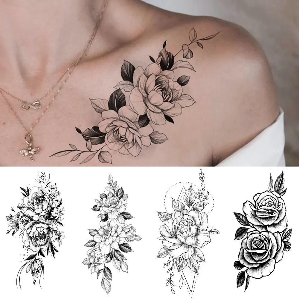 

Waterproof Temporary Tattoo Sticker Flowers Roses Lilies Peonies Geometric Patterns Body Art Arm Fake Tattoos Sleeve Women Men
