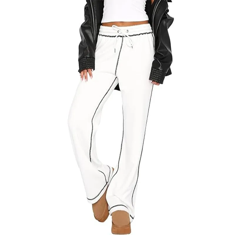 Pajama Pants Cotton Long Wide Leg Trousers High Waist Elastic Waist Sweatpants Drawstring Waist Solid Color Joggers Relaxed Fit