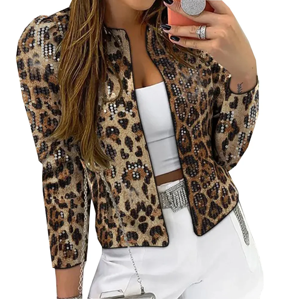 

2025 Autumn New Products, AliExpress, Hot-selling Slim-fit Sequined Shoulder Cotton, European Leopard Print Suit Cw30986