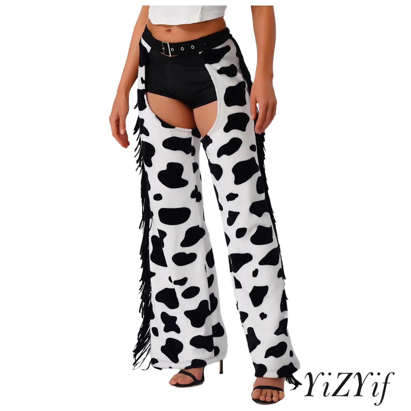 

Women Comfortable Open Crotch Biking Chaps with Western Cow Spot Pattern And Elastic Waist for Cowgirl Halloween Cosplay Costume