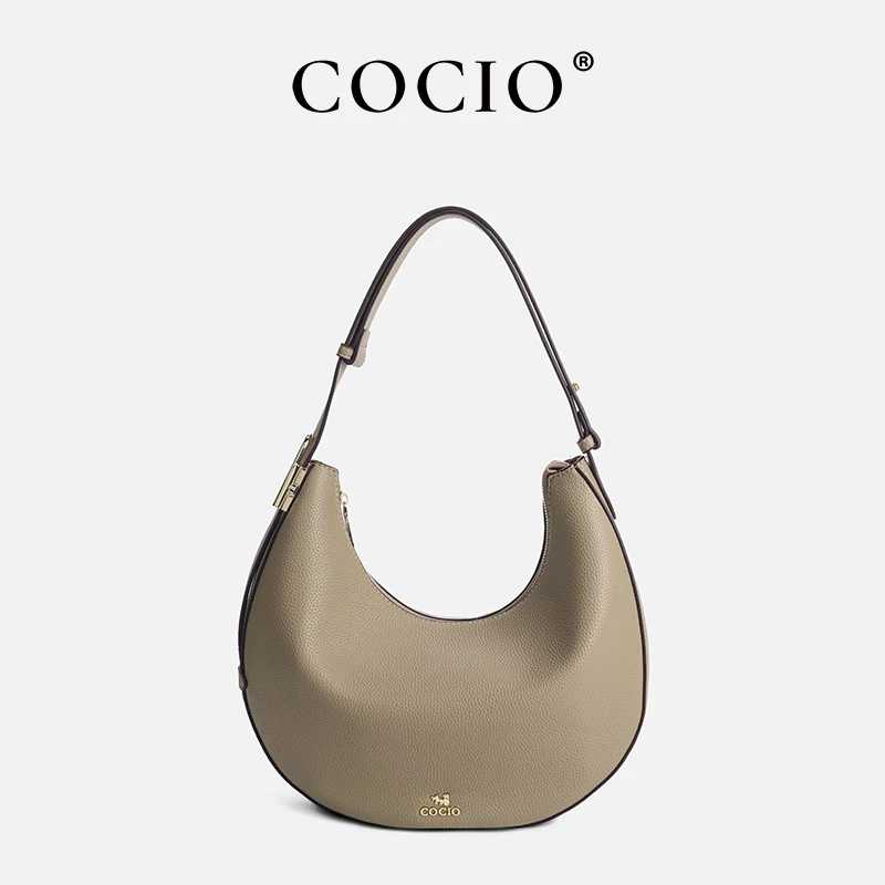 Women Olive Green Leather Hobo Bag Crescent Shoulder Bag with Gold Lock Zipper Handbag Casual Fashion