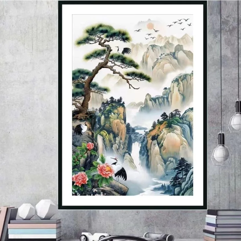

55x40cm Needlework,DIY Cross Stitch Embroidery kit, Tree of Pine Crane Long Life Pirnt Pattern Needlework Home Wall Decor Gift