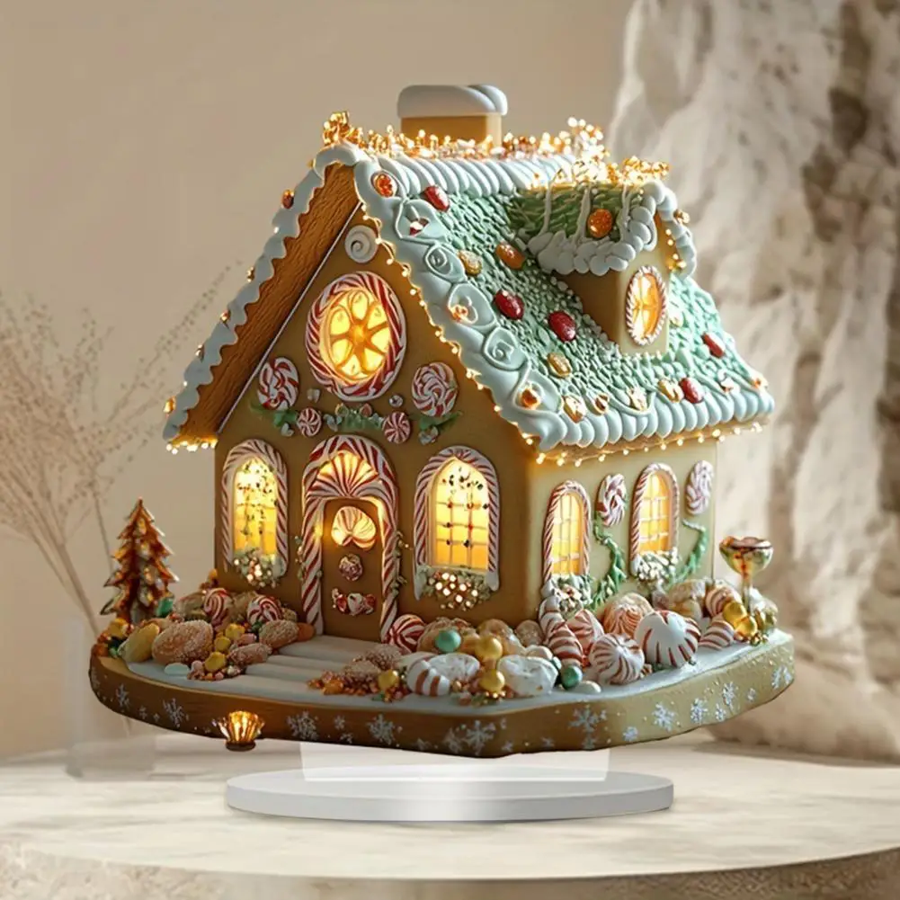 Christmas Gingerbread House Acrylic Village House Ornament with Base Home Desktop Gingerbread House for Christmas Decoration