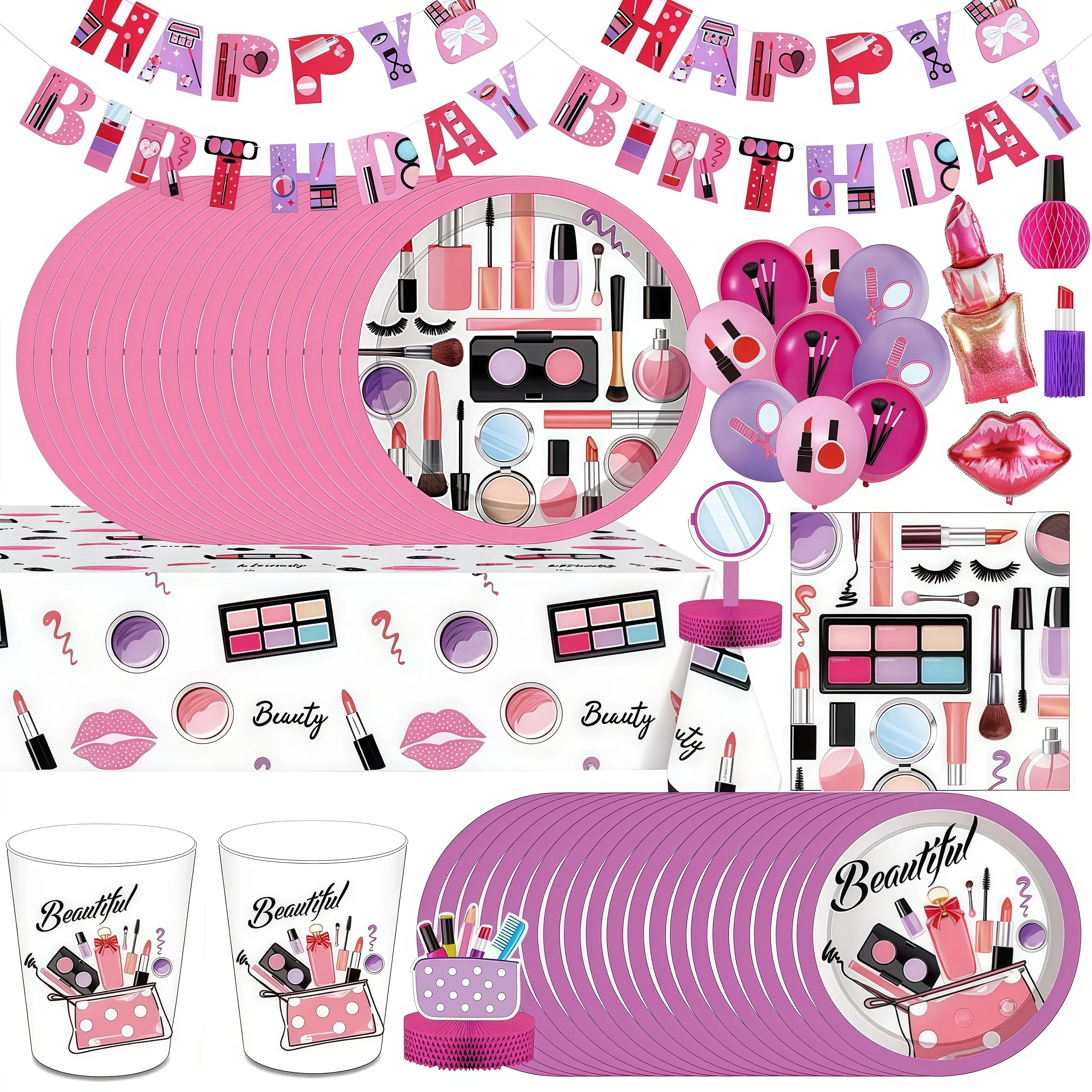 Spa-Make-up-Partyzubehör, kosmetische Einwegteller, Geschirr, Tassen, Servietten, Luftballons für Mädchen, Gastgeschenke, Geburtstagsparty-Dekoration