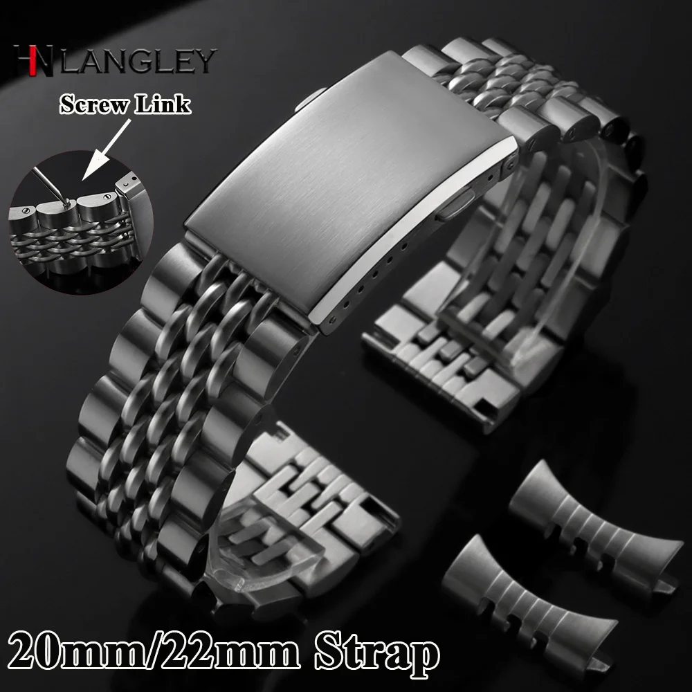 スクリューリンクフラット-カーブエンドストラップ-20mm-22mm-ソリッドステンレススチール時計バンド-セイコー用-ジュビリーベルト用-折りたたみバックル-メンズバンド