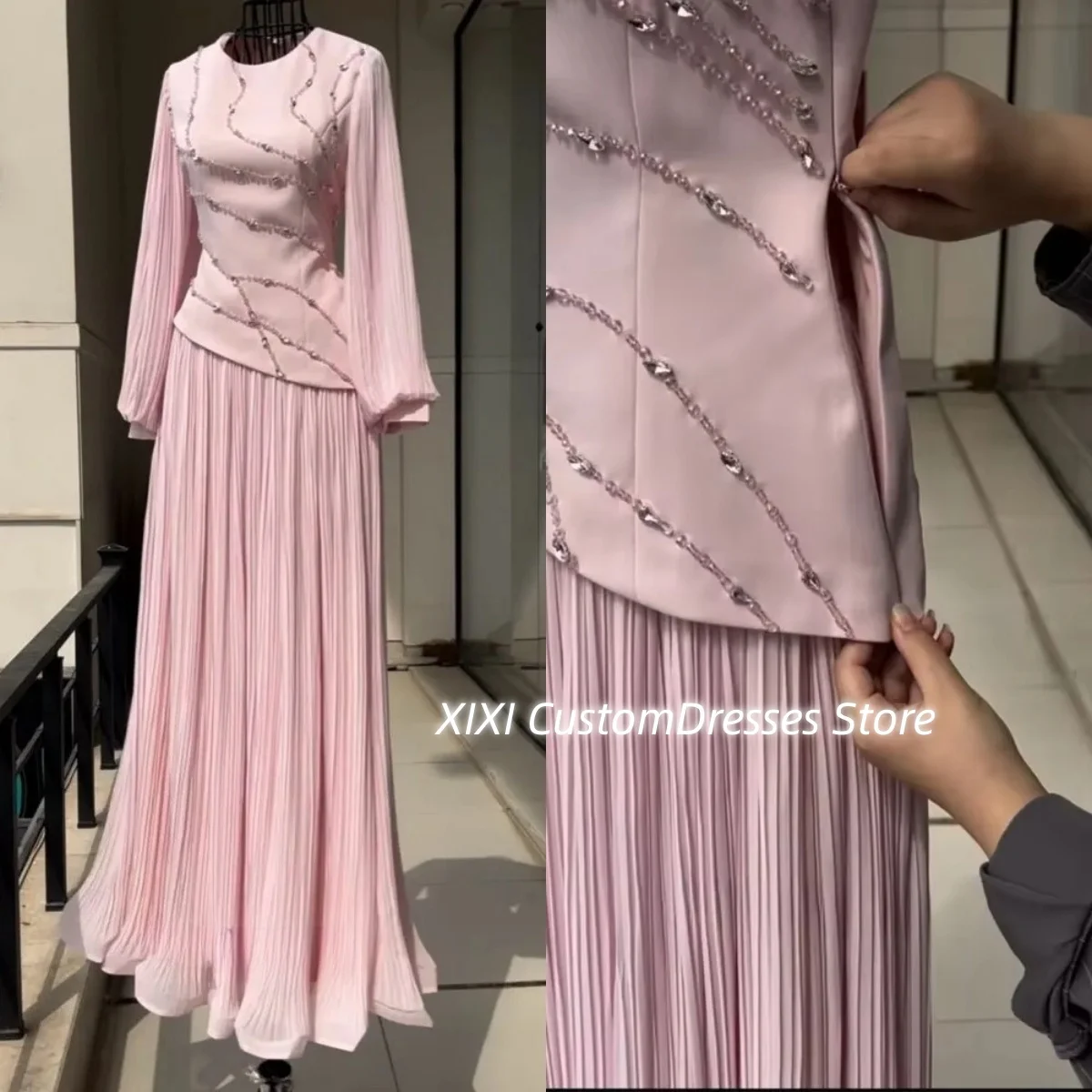 

Customize فساتين سهرات Column Pink Scoop Neckline Floor-Length Dresses For Prom Chiffon Zipper Up Long Sleeves Dresses For Speci