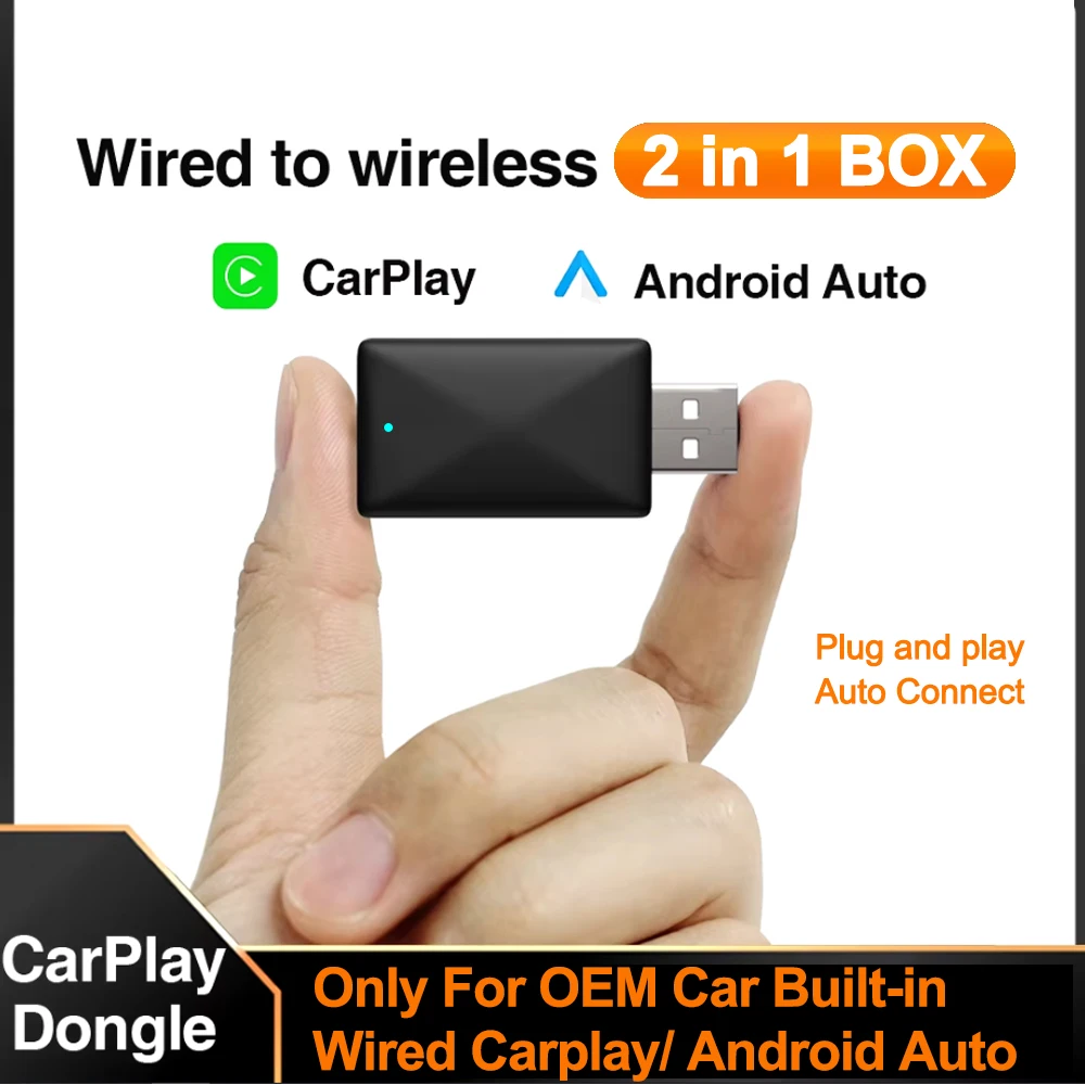 2in1 Wired to Wireless CarPlay Android Auto Adapter for OEM Car Stereo With USB Plug and Play