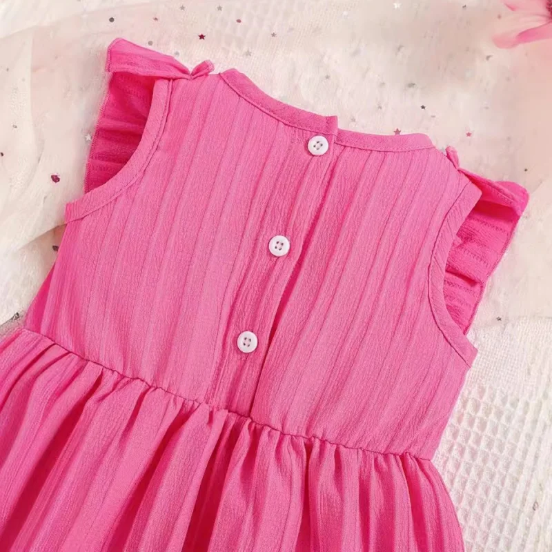 ชุดเดรสชุดเดรสเด็กผู้หญิงทารกแขนลายดอกไม้แขนกุดสีทึบมีโบว์สำหรับเด็กวัยหัดเดินเด็กผู้หญิงชุดเดรส0-3YD2L ลำลองสำหรับงานปาร์ตี้