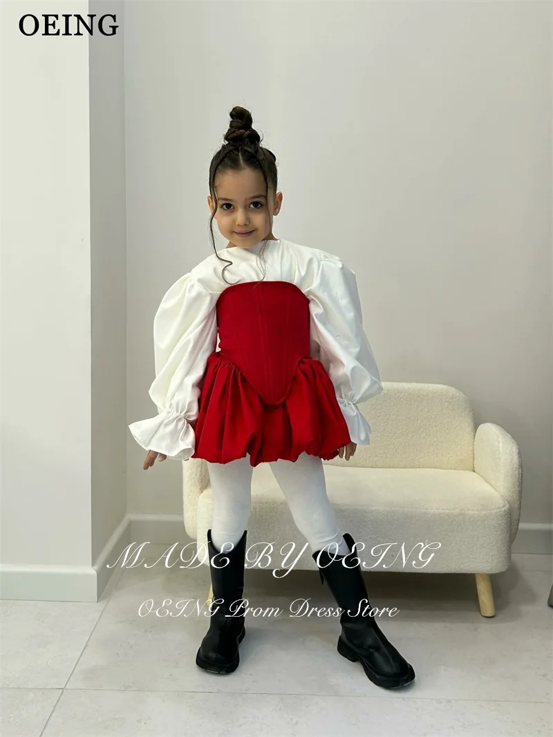 OEING Cute A-Line Flower Girl Dresses Contrast Color Full Sleeves Mini Birthday Performance Party Dresses Kid Dress Customized