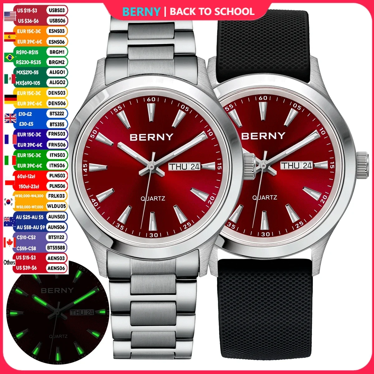 BERNY Herrenuhr, leuchtend, Woche, Datum, Kalender, Quarzuhren für Herren, Edelstahl, weiches Silikon, Kleid, Business-Armbanduhr