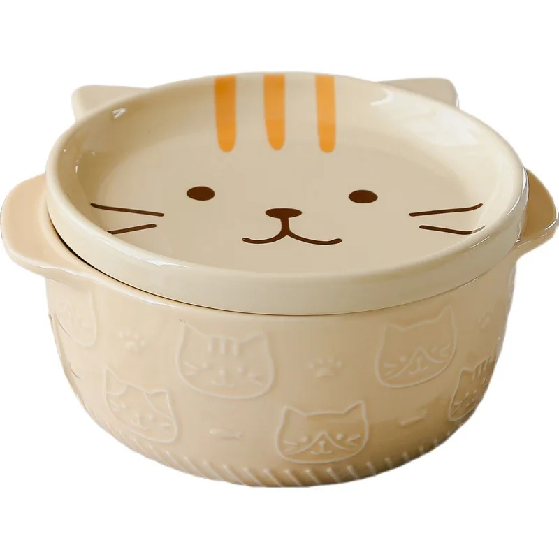 850ML Japanese Cartoon Cat Ceramic Bowl Cute Animal Bowl Instant Noodle Bowl With Cover Kitchen Utensils Ceramic Tableware