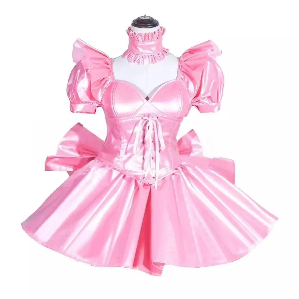 

Sissy Girly pink satin dress lockable maid cosplay costume tailored