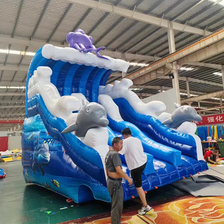 

Frame Pool Water Giant PVC Double Dolphin Inflatable Slide with Blower Customizable Size for Kids Play