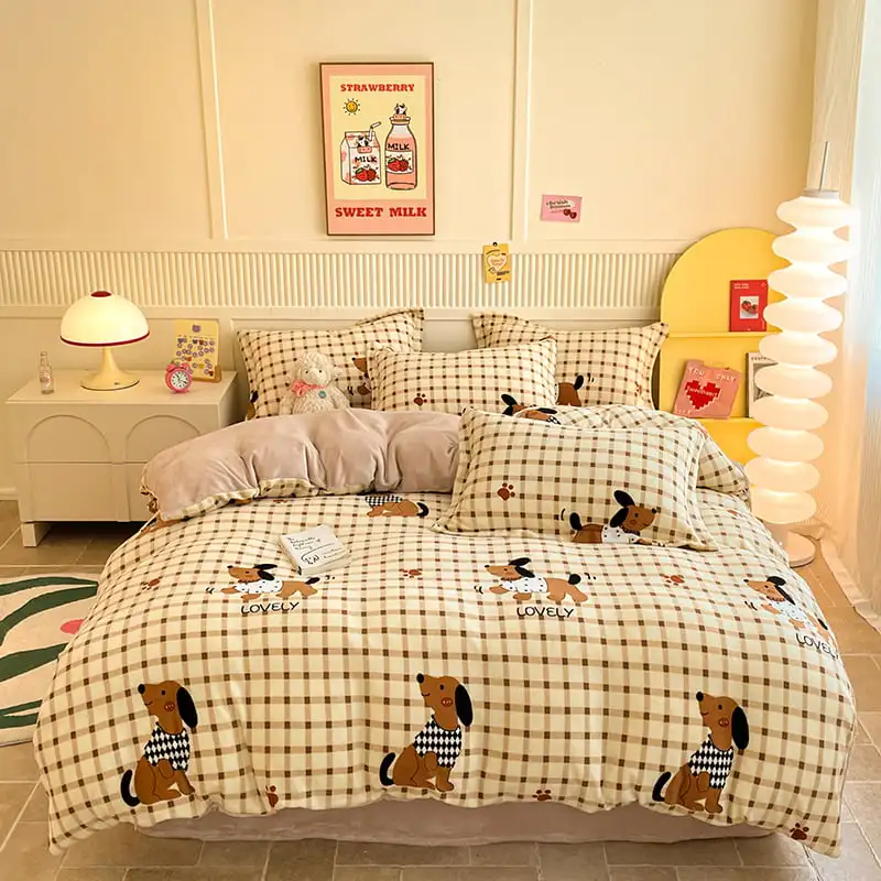 Khaki Stripe Plaid Duvet Cover Kids Adults Bedroom Soft Warm Cartoon Dog Single Queen Comforter Cover Letter Print Bedding 1pc