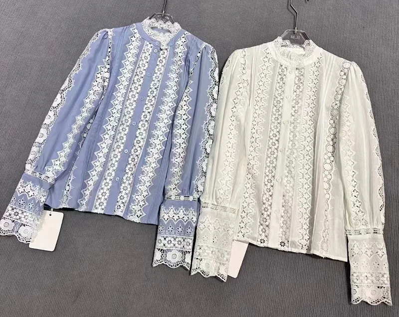 High Quality Designer Blouse Shirts 2025 Spring Summer Blue White Tops Lady Crochet Lace Embroidery Long Sleeve Vintage Tops