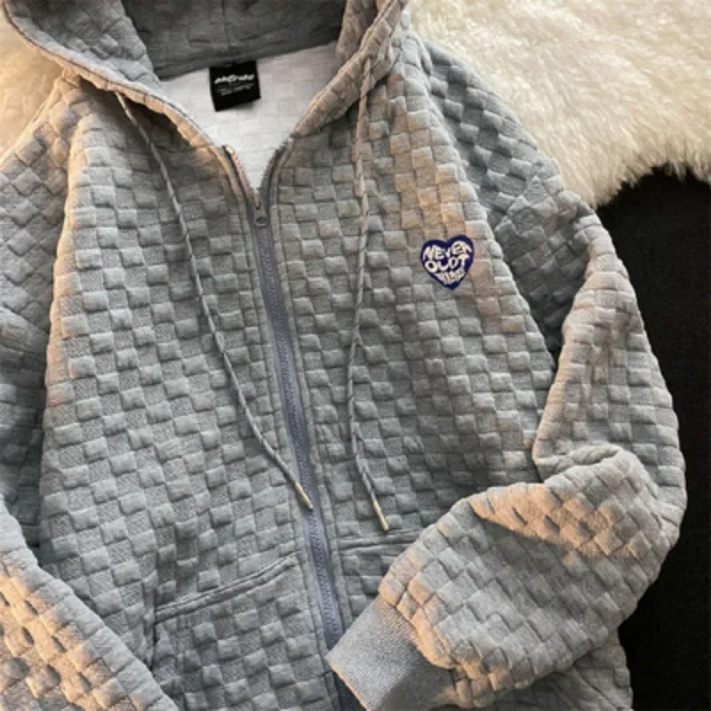 Autumn Winter New Waffle Women Jacket Coat Sweatshirts Korean Fashion Harajuku Loose Zip Up Hoodie Hoodies Y2k Streetwear Women