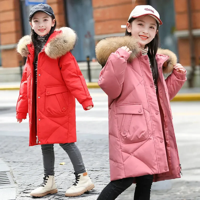 

Winter Down Jacket for Girl Fur Collar Children Thicken Hooded Long Teenage Outerwear Coat 4-13Years Kids Snowwear