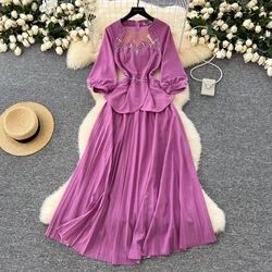 Vintage Half Sleeves Elegant Mesh O-neck Chic Rhinestone Slim Pleated Dress French Evening High Street Autumn Plus Size Clothing