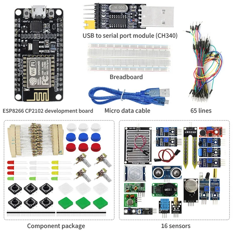 ESP-12E ESP8266 CP2102 Development Board+16X Sensors+Component Package+USB To Serial Port Module+65 Jumper+Bread Board