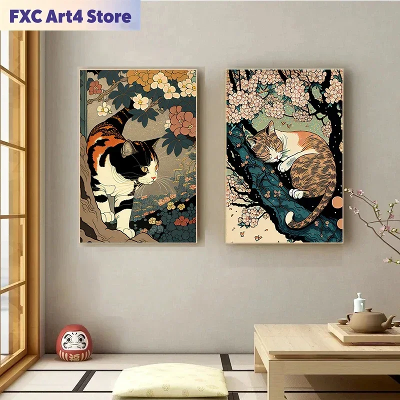 Rahmenlose Vintage-Poster im japanischen Ukiyo-e-Stil mit schlafender Katze, Tier-Leinwandgemälde, Wandkunstbild für Wohnzimmer und Zuhause