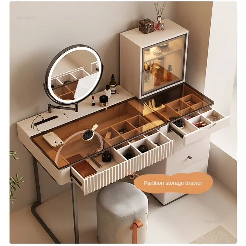 Modern Wood Dressers for Bedroom Multifunctional Storage with LED Mirror Dressing Table Creative High-end Dresser for Apartment