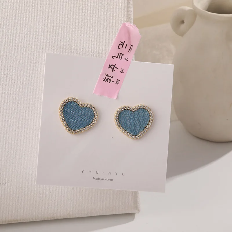 Mode Blauwe Denim Hart Vorm Studs Oorbellen Love Statement Bruiloft Geometrische Hart Bohemian Vintage Acryl Trend Sieraden