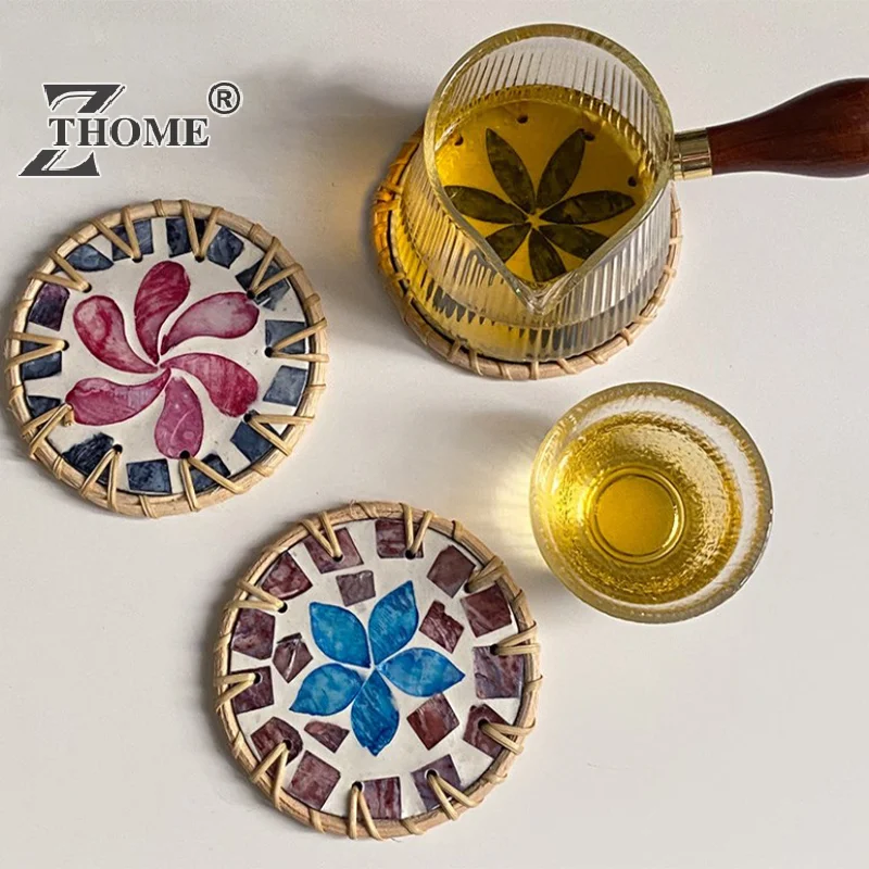 Creative splicing Natural Rattan Colorful Shell Resin Cup Mat Coaster Hand Woven Insulation Pad Placemat Kitchen Decoration