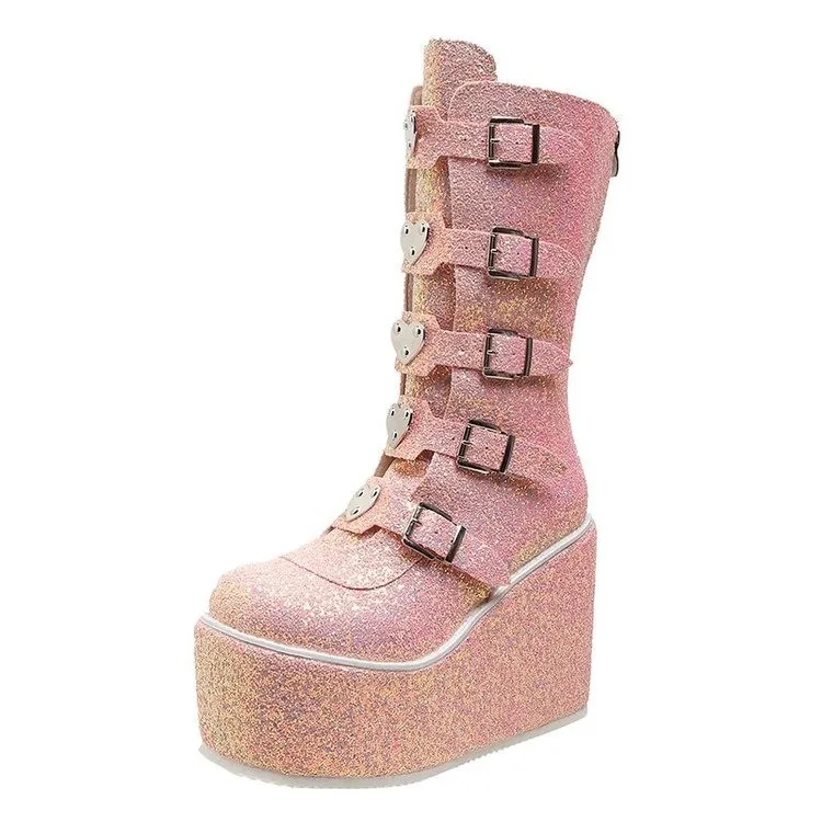 Punk Women Sequin Boots Ladies Cosplay High Boots Comfort Long Tube Boots Pink Platform High Wedges Women Shoes Gothic Boots