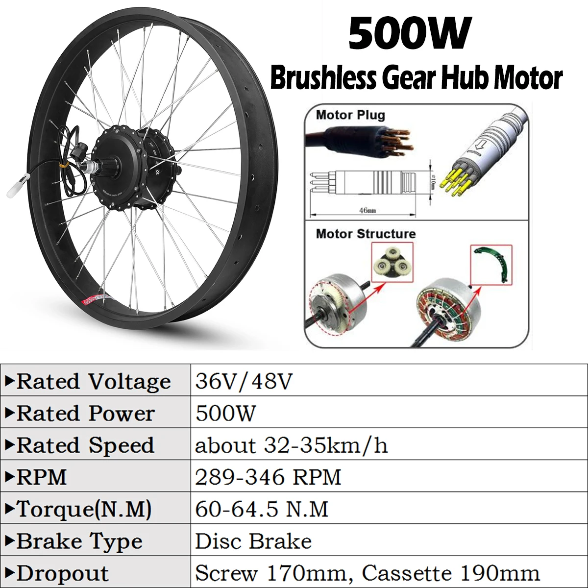 Fat E-bike Conversion Kit 36V 48V 500W Hub Motor Electric Bike Wheel for 20 26in Snow Bicycle Hub Motor with LCD3 Display