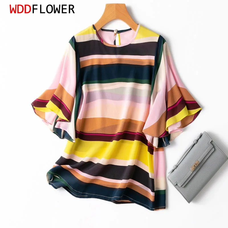 Women 100% Mulberry Silk Colorful Striped Printed Crew Neck Top Shirt Blouse Flare Sleeve M L XL MM611