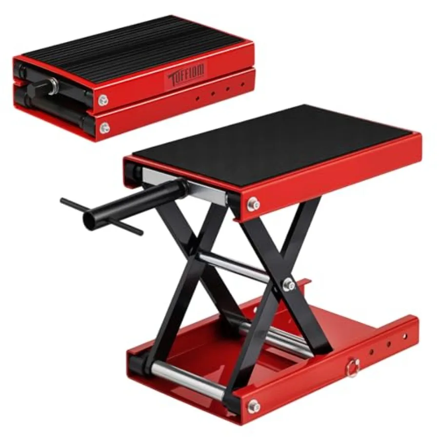 

Подъемник-ножницы для мотоцикла 1100 фунтов, регулируемый по высоте, с резиновым покрытием, предохранительным фиксатором, складная центральная подставка для мотоцикла