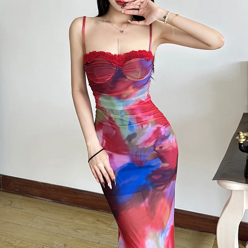 

Summer New Sexy Sleeveless Women's Dress Bodycon Skirt High Waist Print Street Style Tourist Wear Polyester Fiber