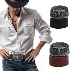 Mens Belt Western Cowboy Style Leather Belt Retro Adjustable Buckle Belt With Longhorn Bull Buckle Pattern Floral Belt For Men