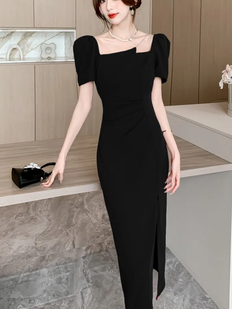 

Summer New Design Women Slim Evening Party Midi Dress Sexy Chain High Slip Ladies Outfits Korea Elegant Robe For Vestidos 2023