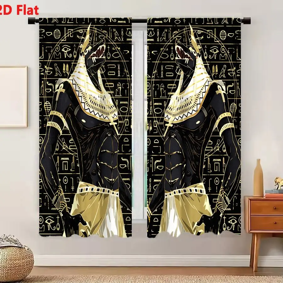 2Pcs Curtains 2D Flat Symmetrical Ancient Egyptian Deities With Golden Headdresses And Hieroglyph Background Window Drapes for B