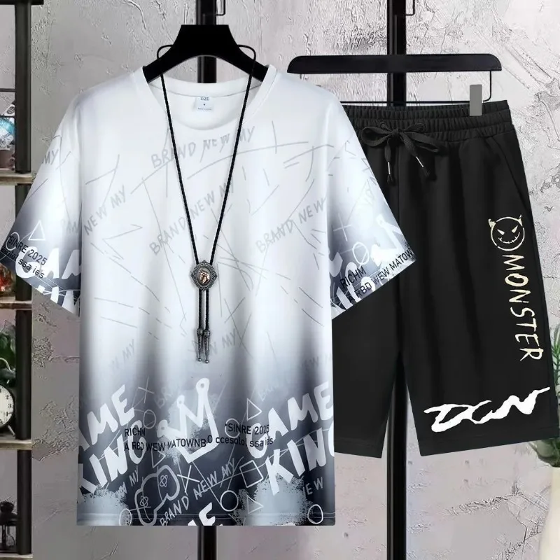 

Men Gradient Letter Print Ice Silk Two Piece Outfit Round Neck Short Sleeve T Shirt Drawstring Shorts Casual Tracksuit S 4XL