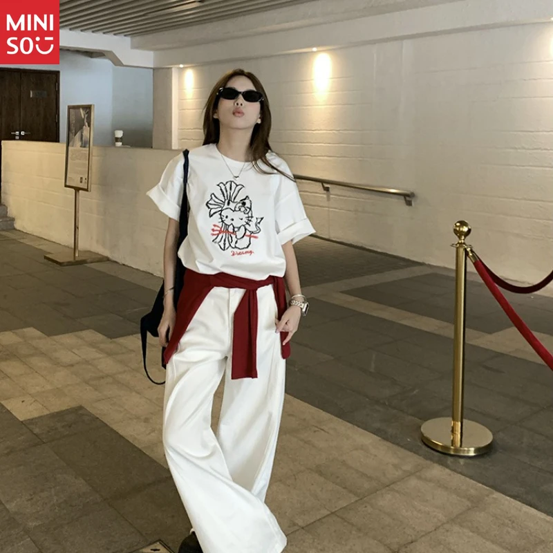 Camiseta de algodón Miniso Hello Kitty, camiseta holgada con borde dulce para verano