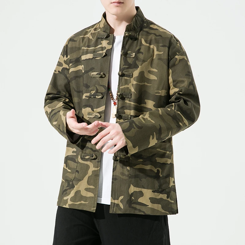 

Loose Large Size Camouflage Jaet for Men Chinese Sle Button Decorated Knitted Material Autumn Youth Faion Anti-Wrinkle