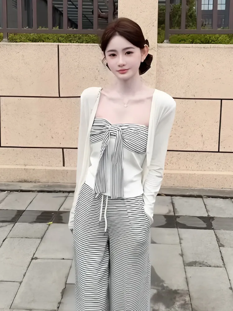 

Korean Striped Tie-Back Tube Top Long Sleeve Casual Pants Three-Piece Set Women Summer Fashionable Suit Sunscreen Cardigan
