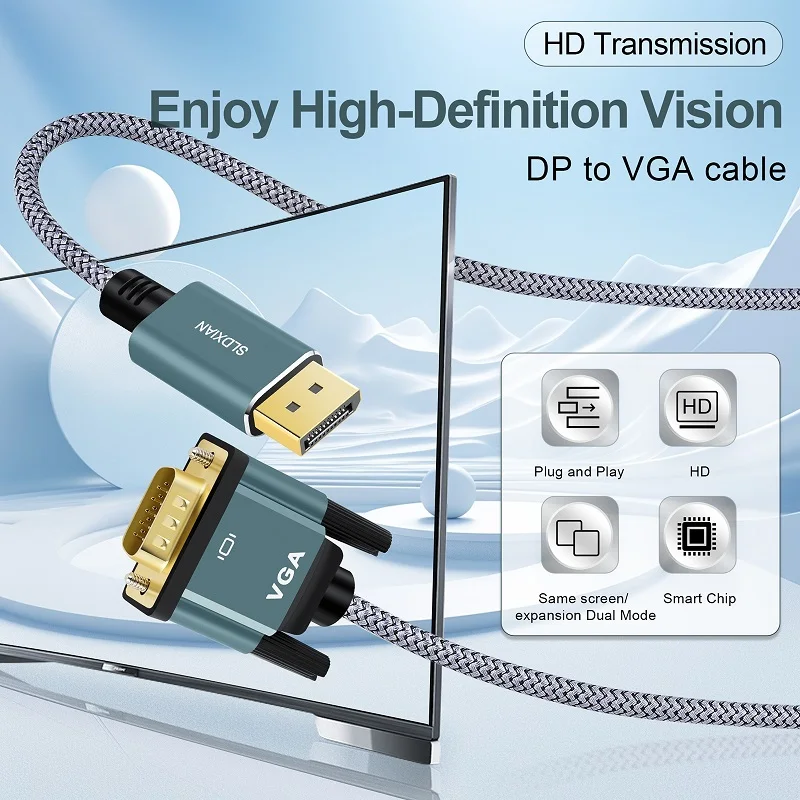 Adapter kabla Shuliancable DisplayPort na VGA, pozłacana wtyczka z nylonowym oplotem, Źródło DP na kabel wyświetlacza VGA 1080P