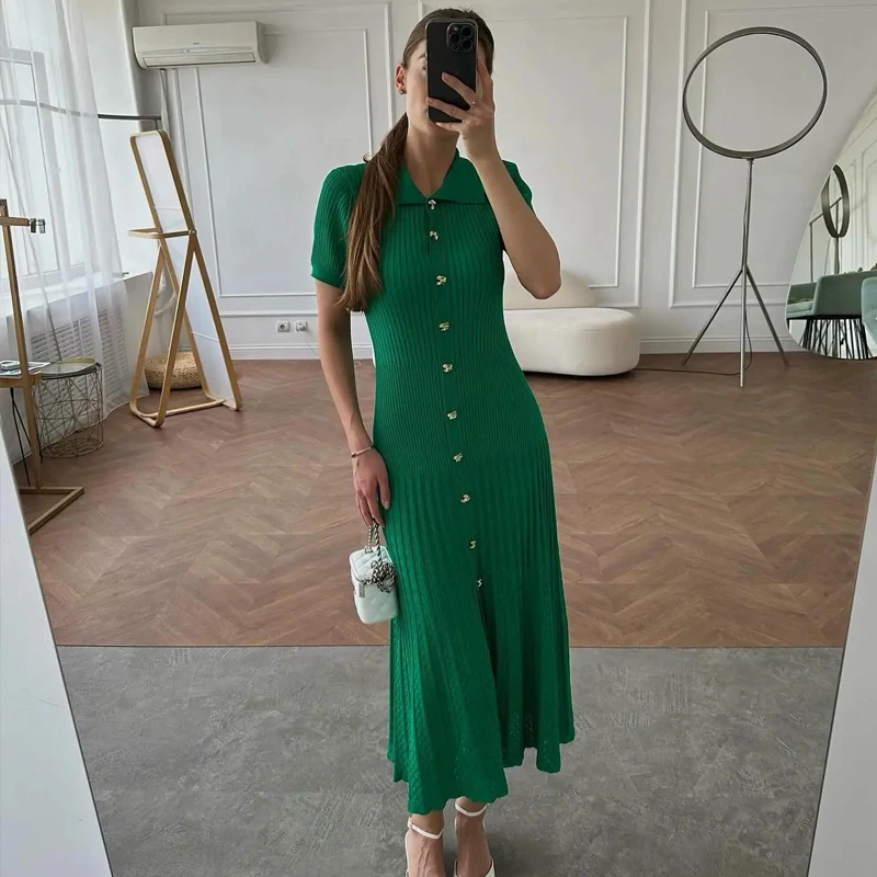 YuooMuoo Chic Fashion Early Autumn Short Sleeve Knitted Maxi Dress Women Elegant Turn-down Collar Long Shirt Dress Lady Vestidos