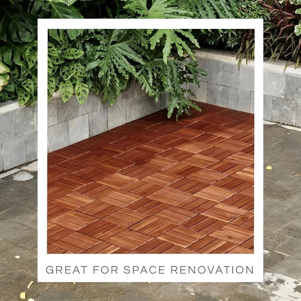 

Set 30 Premium Deck Tiles, Interlocking Deck Tile, Wooden Patio Flooring Outdoor Waterproof, Acacia Wood Decking All Weather.