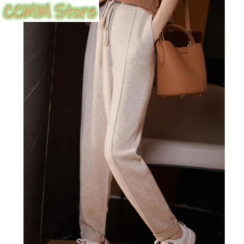 Women's mid seam cashmere pencil pants, pure wool warm pants, autumn and winter high-quality elastic waist drawstring pants